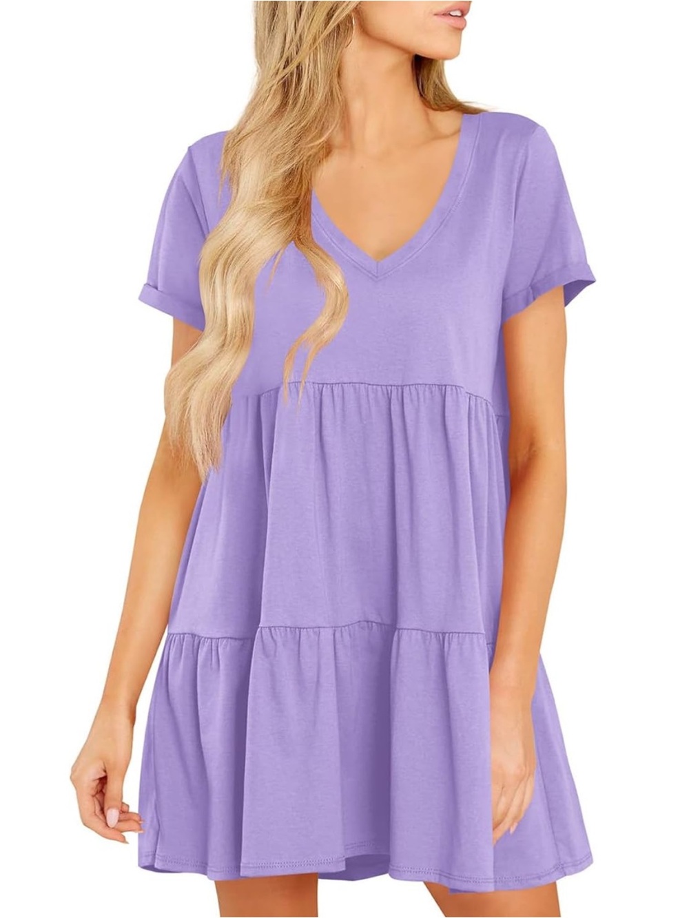 Women's Lavender V-Neck Tiered Short Sleeve Top